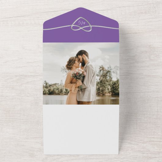 紫モダンと銀のミニマ結婚リスト オールインワン招待状 (外側)