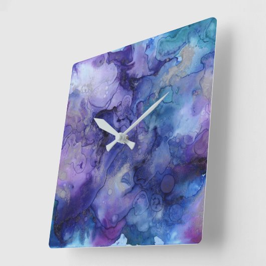紫モダンと青の水色の(ばちゃばちゃ)跳ねるパターン スクエア壁時計 (傾斜)