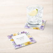 紫モダンと黄のフローラ結婚ズ スクエアペーパーコースター (インサイチュ)