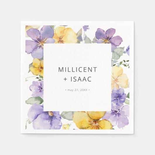 紫モダンと黄のフローラ結婚ズ スタンダードカクテルナプキン (正面)