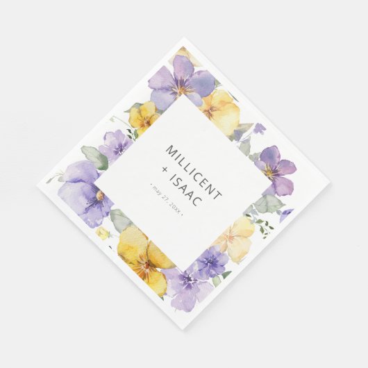 紫モダンと黄のフローラ結婚ズ スタンダードランチョンナプキン (角)