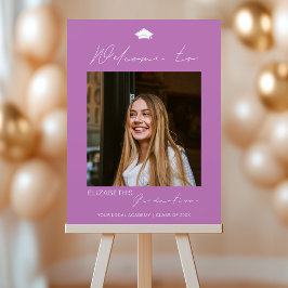 紫モダンのグラードパーティー歓迎サインと写真