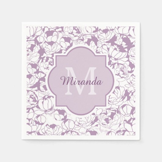 紫モダンのフローラガーリーモノグラム スタンダードカクテルナプキン (正面)