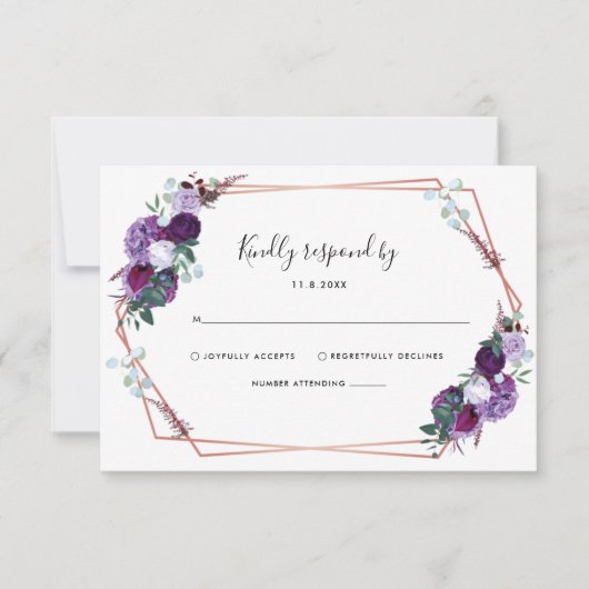 紫モダンのフローラス結婚クリプト 出欠カード (正面)