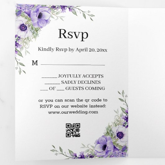 紫モダンのフローラ写真のスクリプ結婚トの写真スタイリッシュ 三つ折り招待状 (内部最初)