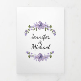 紫モダンのフローラ5枚の写真をスクリ結婚プト 三つ折り招待状