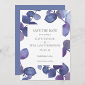 紫モダンのユーカリ葉スの日付を保存 招待状 (正面/裏面)