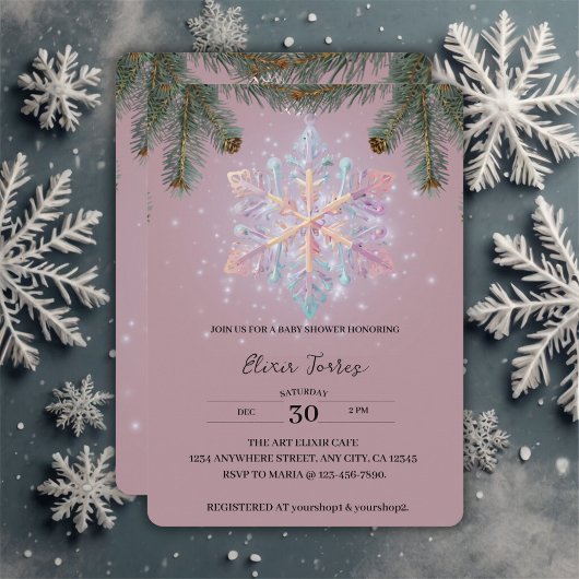 紫モダンの冬の雪片かわいい赤ちゃんシャワー 招待状