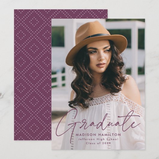 紫モダンの台本を卒業 案内状 (正面/裏面)