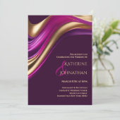 紫モダンの明るい赤紫色と金ゴールド 招待状 (スタンド正面)