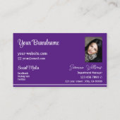 紫モダンの白ストライプ色のロゴと写真 名刺 (裏面)