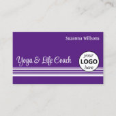 紫モダンの白ストライプ色のロゴと写真 名刺 (正面)