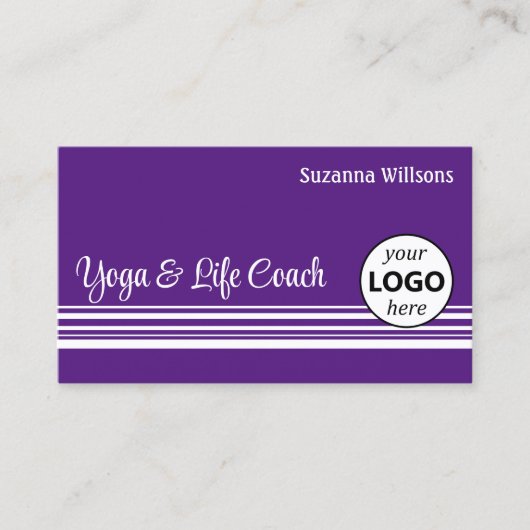 紫モダンの白ストライプ色のロゴと写真 名刺 (正面)