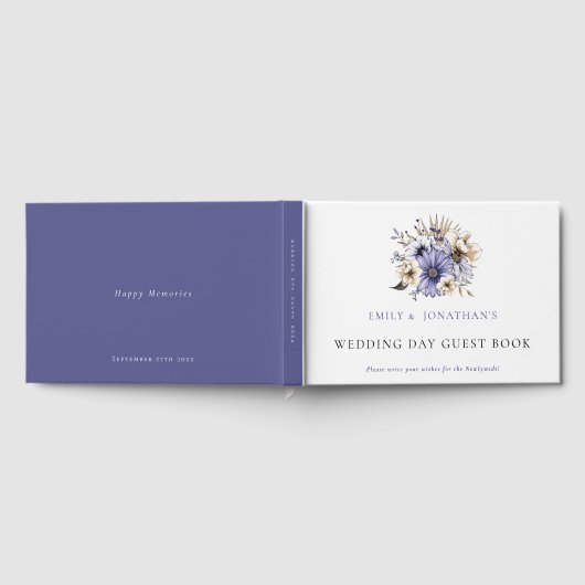 紫モダンの花模様の葉の結婚式 ゲストブック (全面)