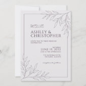 紫モダンの葉の輪郭オールインワン結婚 招待状 (正面)