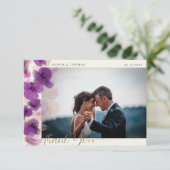 紫モダンの蘭の金ゴールド結婚の写真ありがとう サンキューカード (スタンド正面)
