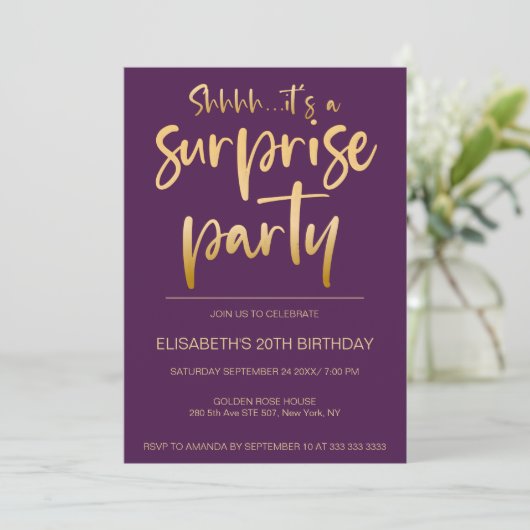 紫モダンの金ゴールドエレガントサプライズ誕生日パーティー 招待状 (スタンド正面)