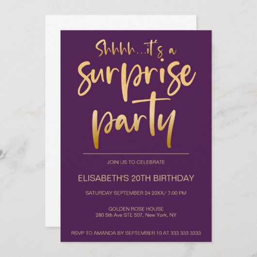 紫モダンの金ゴールドエレガントサプライズ誕生日パーティー 招待状 (正面/裏面)