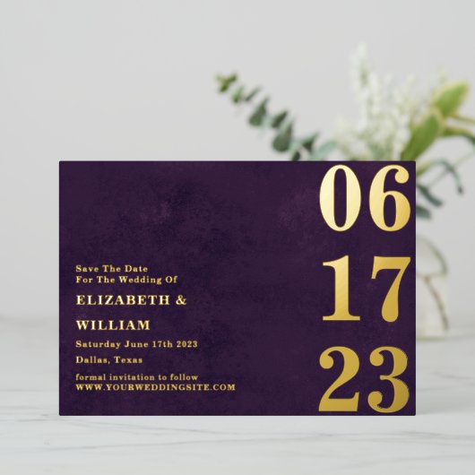 紫モダンの金ゴールド写真の日付の保存 箔招待状 (立ち正面)