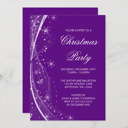 紫モダンの雪片が渦巻くクリスマスパーティー 招待状 (正面/裏面)