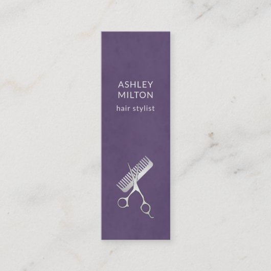 紫モダンエレガントはさみ櫛美容師 スキニー名刺 (正面)