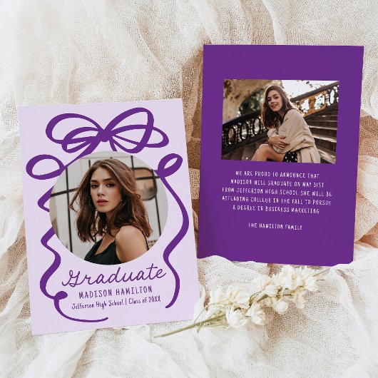 紫モダンエレガント弓2写真卒業 案内状