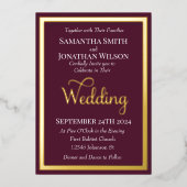 紫モダンエレガント金ゴールドの結婚タイポグラフィ 箔招待状 (正面)