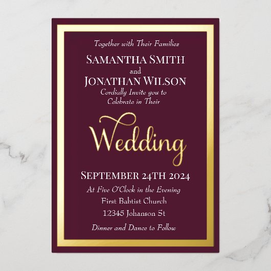 紫モダンエレガント金ゴールドの結婚タイポグラフィ 箔招待状