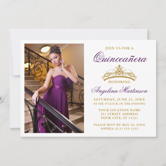 紫モダンエレガント金ゴールドクラウン写真キンセアニェラ 招待状 (正面)