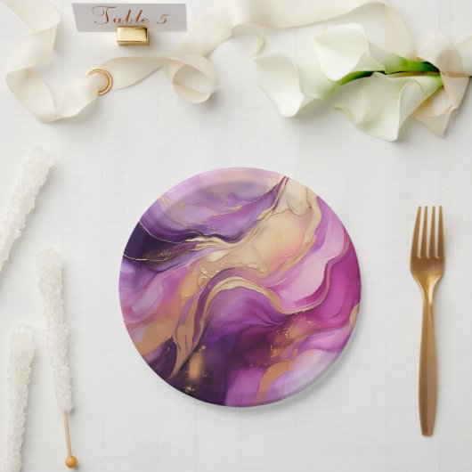 紫モダンピンクと金ゴールド- ペーパープレート (ウェディング)