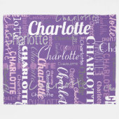 紫モダンピンクの繰り返し名グラフィティパターン フリースブランケット (正面(横))