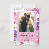 紫モダンピンクの花の台本の写結婚真 サンキューカード (正面)