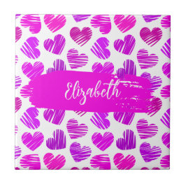 紫モダンピンクの鳩ハートバレンタイン名 タイル