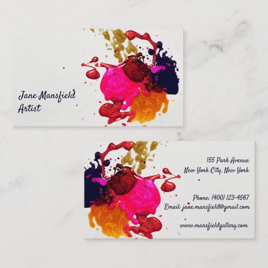 紫モダンピンク赤金ゴールド絵を描（ばちゃばちゃ）跳ねる 名刺 (正面/裏面)