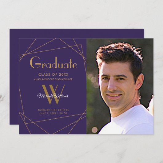 紫モダンフォトモノグラム幾何学卒業 案内状 (正面/裏面)