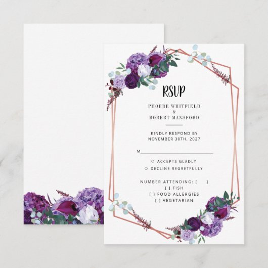 紫モダンフローラバラ金ゴールド幾何学模様 招待状 (正面/裏面)