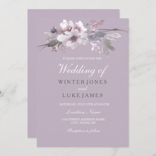紫モダンフローラ水彩結婚式招待状 招待状 (正面/裏面)