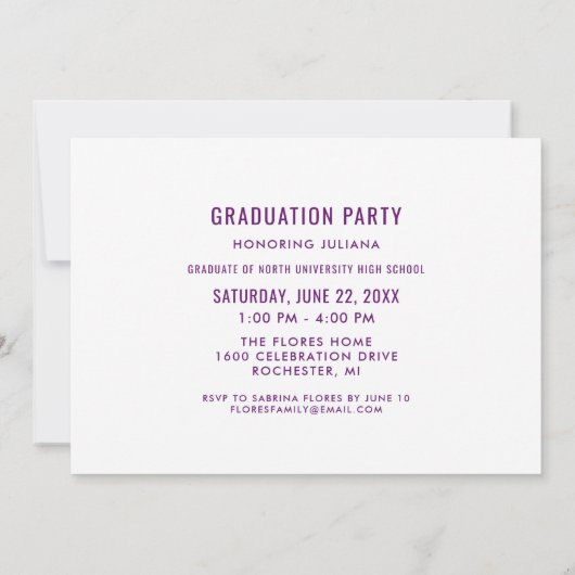 紫モダンブラシ付きスクリプト大学院写真 招待状 (裏面)