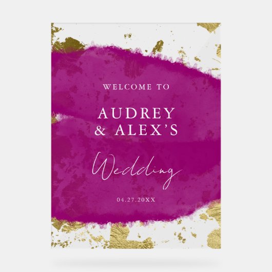 紫モダンマゼンタ金ゴールド結婚の歓迎 アクリルサイン (正面)