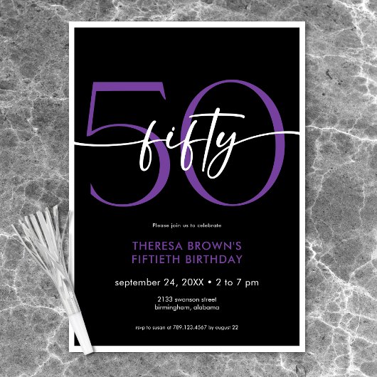 紫モダンミニマル50文字誕生日 招待状