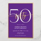紫モダンミニマル50文字誕生日 箔招待状 (正面)