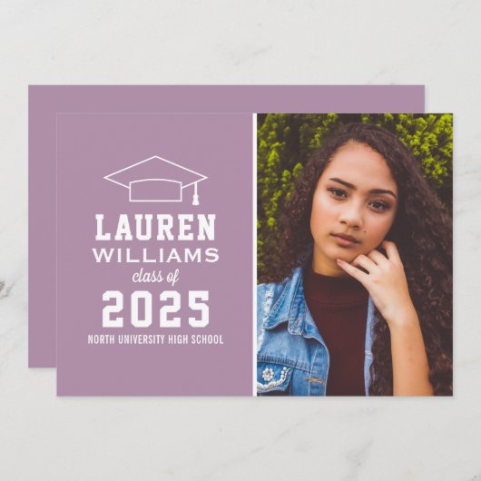 紫モダン写真卒業パーティー 招待状 (正面/裏面)