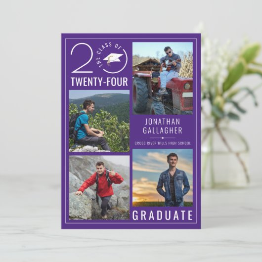 紫モダン卒業写真4枚 案内状 (スタンド正面)