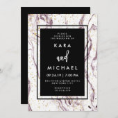 紫モダン大理石とフェイク金ゴールド結婚フレーク 招待状 (正面/裏面)