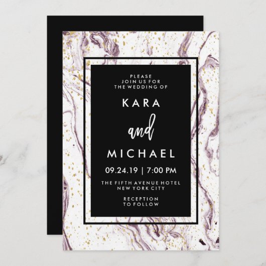紫モダン大理石とフェイク金ゴールド結婚フレーク 招待状 (正面/裏面)