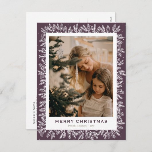 紫モダン松の木のコーン写真クリスマス シーズンポストカード (正面/裏面)