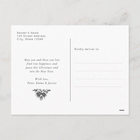 紫モダン松の木のコーン写真クリスマス シーズンポストカード (裏面)