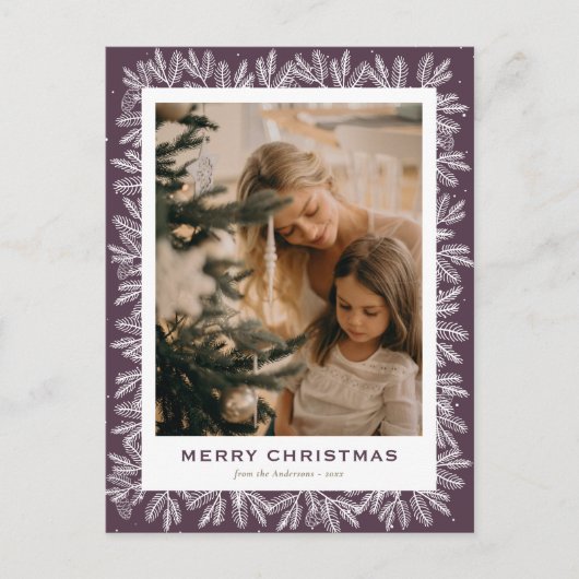 紫モダン松の木のコーン写真クリスマス シーズンポストカード (正面)