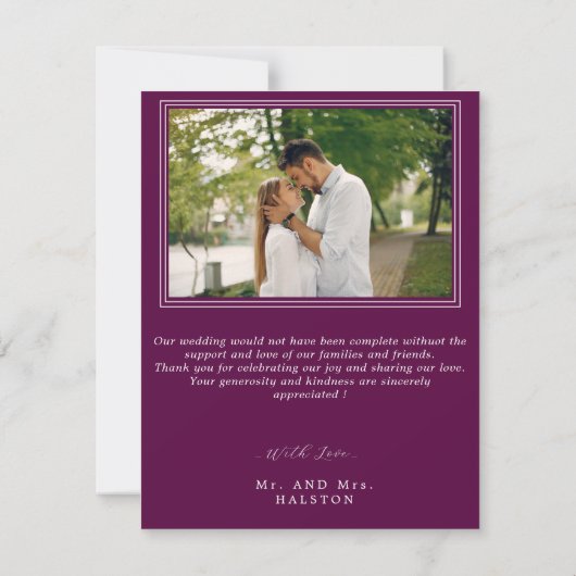 紫モダン梅赤面ピンクフローラ結婚ズ サンキューカード (裏面)