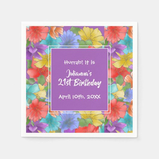 紫モダン水彩フローラ21歳の誕生日 スタンダードカクテルナプキン (正面)